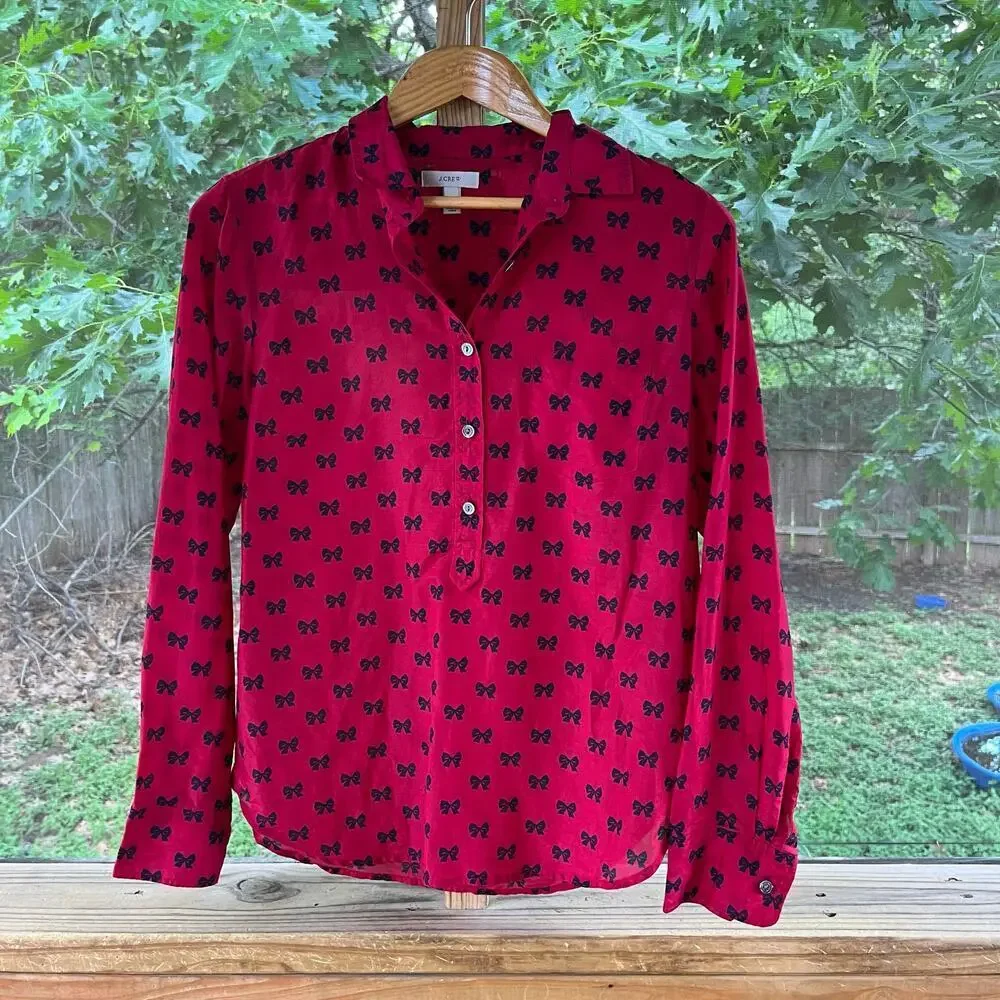 J. Crew Women's Red & Black Bow Print Blouse Cotton/Silk Size 8